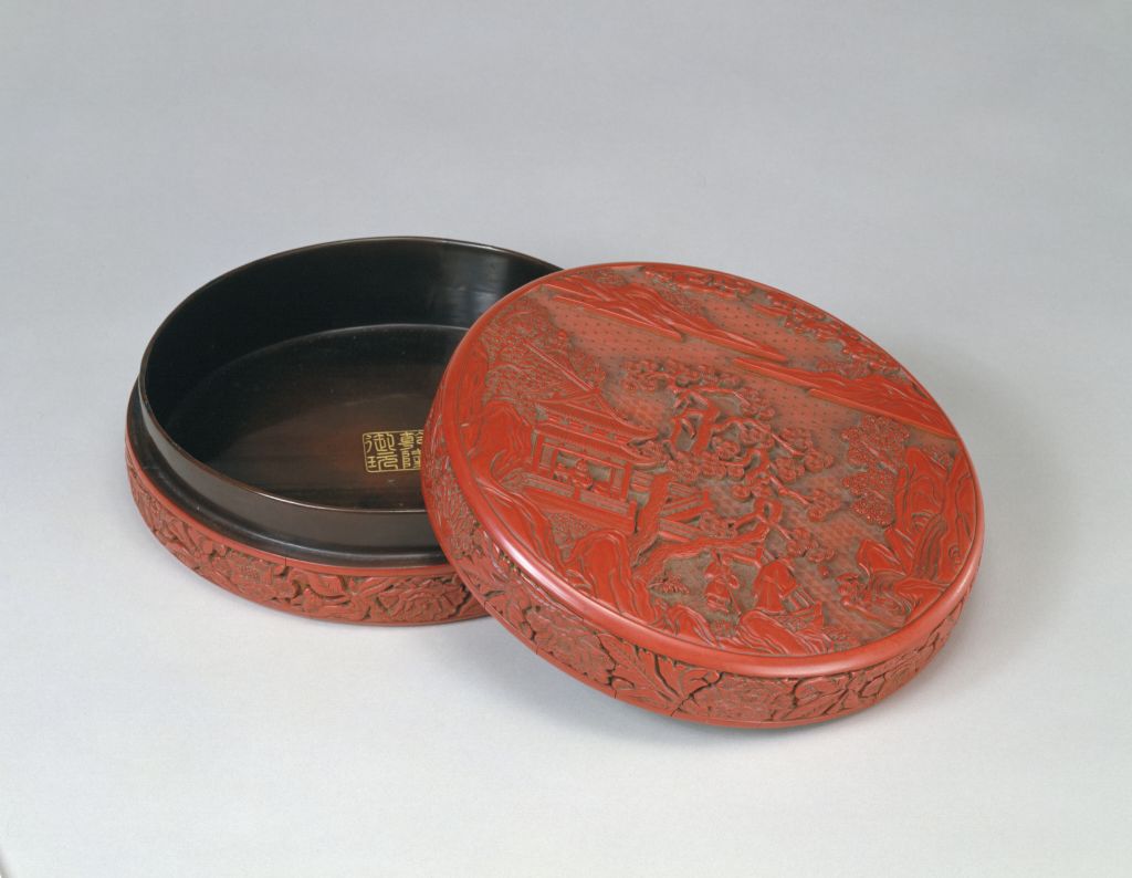 图片[1]-Carved red round box with waterfall view-China Archive